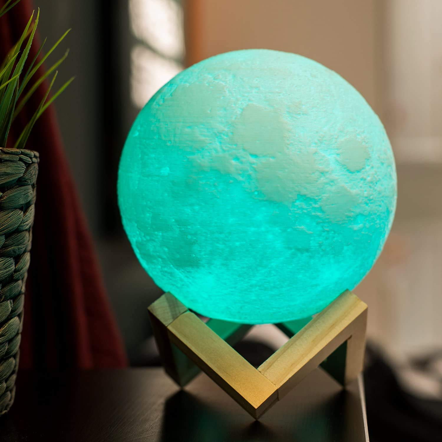 3D Printed  Moon Lamp With Wooden Base & Touch Control (15 Cm, Multicolor)