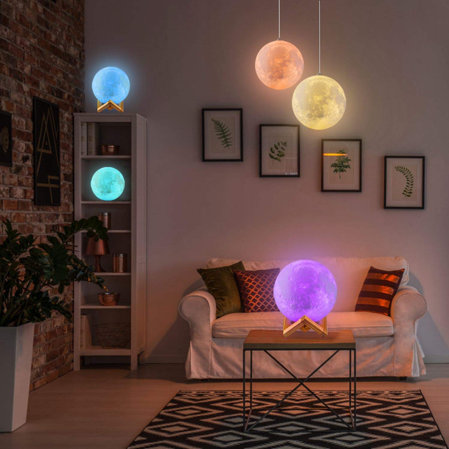 3D Printed  Moon Lamp With Wooden Base & Touch Control (15 Cm, Multicolor)