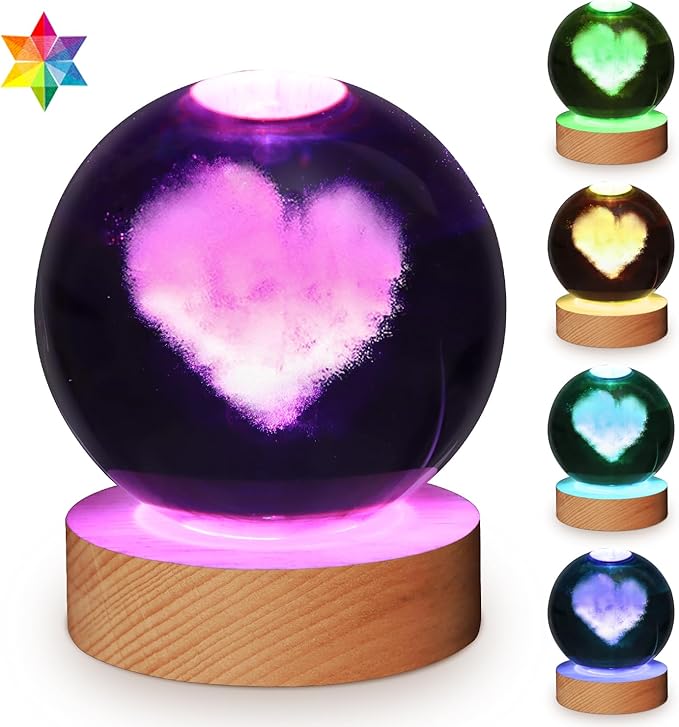 3D Heart Crystal Ball Night Light With Wooden Base