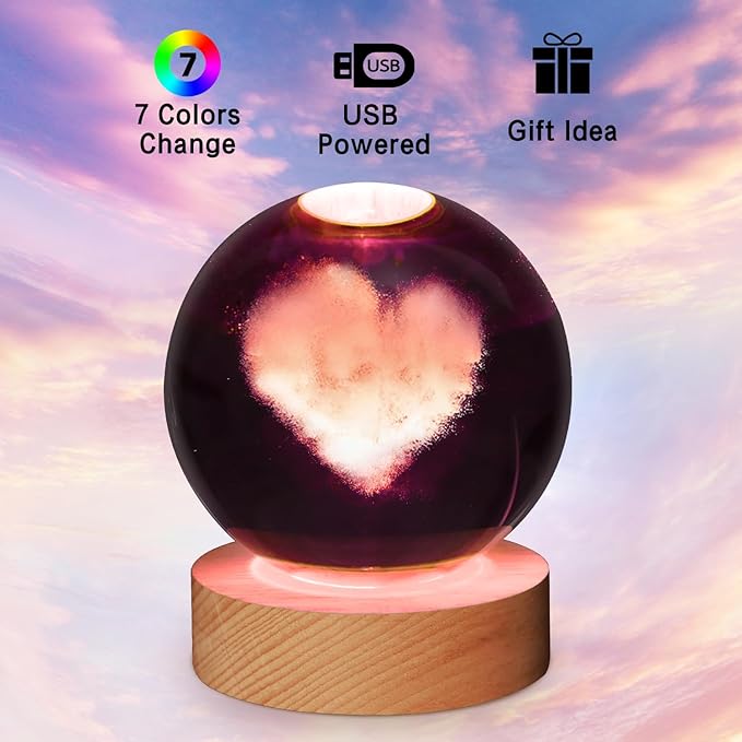 3D Heart Crystal Ball Night Light With Wooden Base